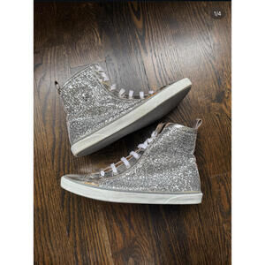 Jimmy Choo Silver Glitter High-Top Sneakers with Side Zipper EU 40